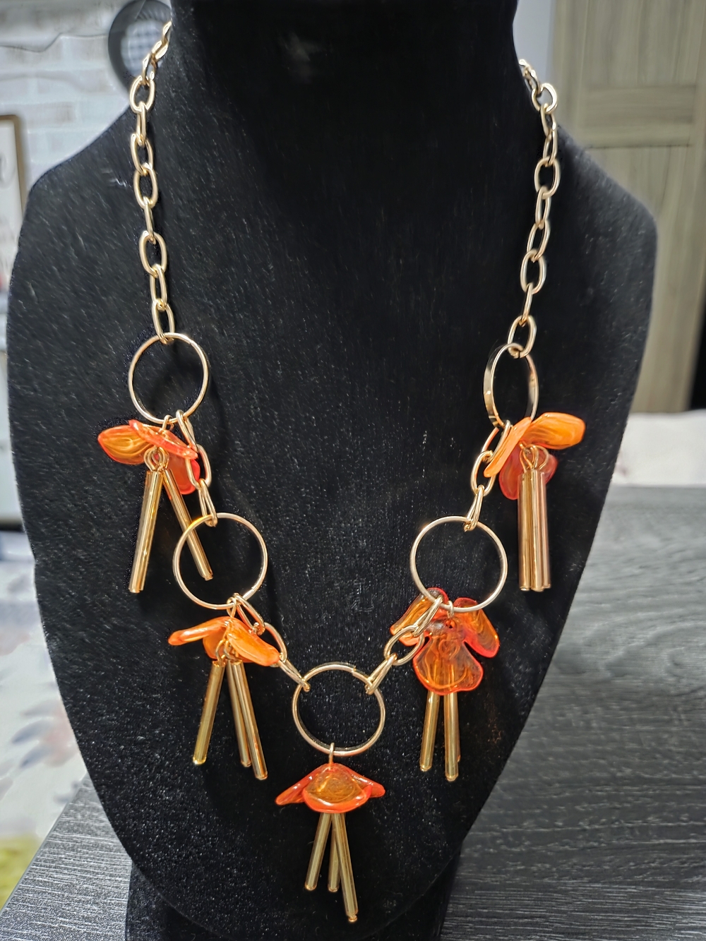 247# paparazzi Gold-Tone Necklace with Orange Floral Charms